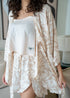Women summer 3 piece pajama set Beige Top + Bold Floral Outline kimono & Short